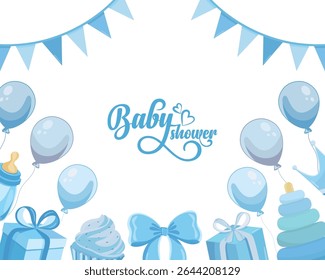 Baby shower cute blue card with newborn boy background and party decorations, perfect for invitations, greeting cards, and birth announcement designs