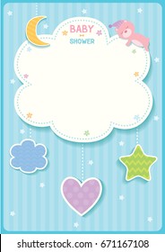 Baby Shower Cute Card Design With Cloud, Star,moon,heart And Sleeping Bear For Blue Template Frame.