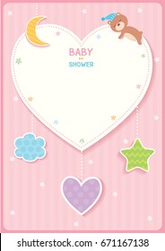 Baby shower cute card design with heart, star,moon,cloud and sleeping bear for pink template frame.