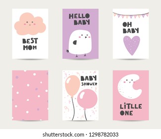 Baby shower cute cards, postcards, invitations, pages with bird, cloud, heart, balloons, polka dot, moon, lettering quotes best mom, hello baby, oh baby, baby shower, little one. Funny cover for kids