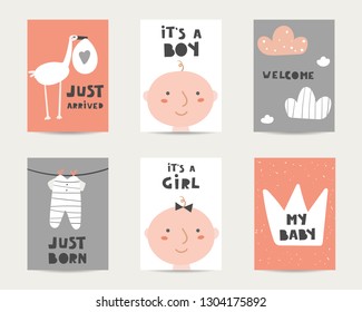 Baby shower cute cards, postcards, invitations, pages with stork, baby boy, baby girl, crown, clouds,  sliders, just arrived, it's a boy, it's a girl, welcome, lettering quotes. Funny cover for kids