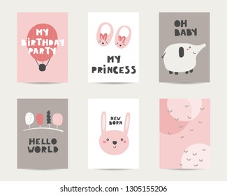 Baby shower cute cards, postcards, invitations, pages with air balloon, elephant, rabbit, trees, abstract elements, lettering quotes oh baby, new born, my princess. Funny cover for kids