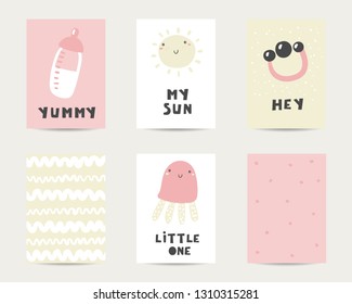 Baby shower cute cards, postcards, invitations, pages with milk bottle, sun, jelly fish, rattle, lettering quotes yummy, my sun, hey, little one. Funny cover for kids