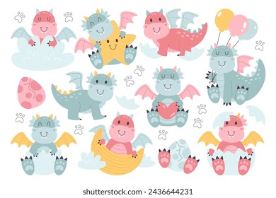 Baby shower cute cartoon character of baby dragon prehistoric period creature isolated set on white background. Fantasy jurassic monster doodle childish mascot vector Illustration for greeting card