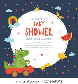 Baby Shower! Cute Childish Invitation Card With Dinosaur, Watermelon, Bird And Rainbow. Baby Shower Template Design. Dino Driving A Car.