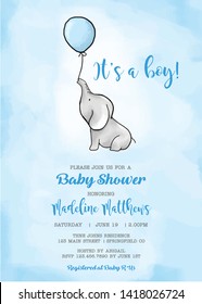 Baby Shower cute elephant with balloons for boys invitations