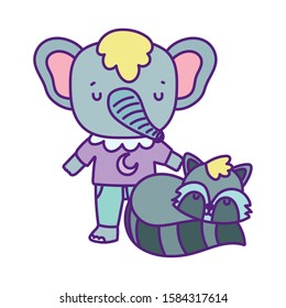 baby shower cute elephant and raccoon cartoon vector illustration