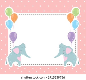 Baby shower cute elephants animals and balloons invitation card vector illustration