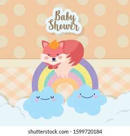 baby shower cute fox sleeping on rainbow with clouds cartoon vector illustration