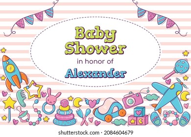 Baby Shower cute greeting card template with toys. Circle text place