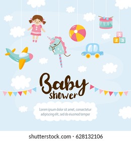 Baby Shower Cute Greeting Card. Amazing Kids Illustration. Toy Aircraft, Doll, Unicorn, Ball, Little Toy Car, Drum And Blocks. Hand Lettering Template. Place For Text.
