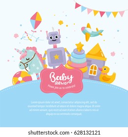 Baby Shower cute greeting card. Amazing kids illustration. Toy aircraft, little robot, unicorn, house. Hand lettering template. Place for text.