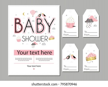 Baby shower. Cute invitatian card and gift tags design. Template with  lettering.