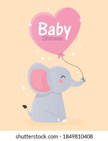 baby shower, cute little elephant with heart balloon vector illustration