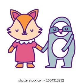 baby shower cute little fox with dress and sloth holding hands cartoon vector illustration