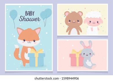 baby shower cute little fox bunny bear sheep gift boxes greeting cards vector illustration