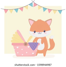 baby shower cute little fox and carriage newborn bunting flags decoration vector illustration
