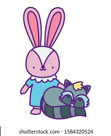baby shower cute little rabbit and raccoon cartoon vector illustration