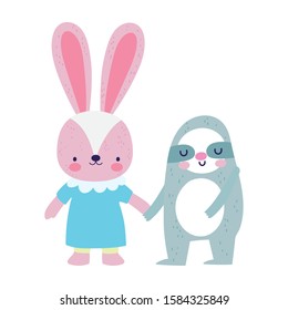 baby shower cute little rabbit with dress and sloth holding hands cartoon vector illustration