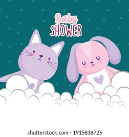 Baby shower, cute rabbit and cat cartoon animals card vector illustration