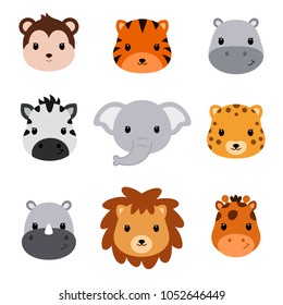 Baby shower cute safari animals. Set of 9 animal heads.
