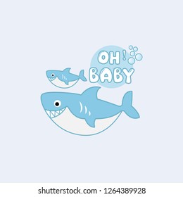 Baby shower. Cute shark and baby shark swimming in the ocean.