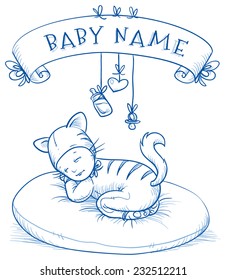 Baby shower. Cute Baby sleeping on round pillow in kitten costume, with banner above for baby's name. Hand drawn line art vector illustration.