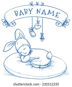 Baby shower. Cute Baby sleeping on round pillow in bunny costume, with banner above for baby's name. Hand drawn line art vector illustration.