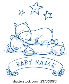 Baby shower. Cute Baby sleeping on teddy bear in bear costume, with banner for baby's name. Hand drawn doodle vector illustration.