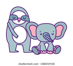 baby shower cute sloth and elephant cartoon vector illustration