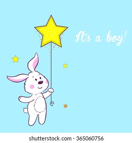 Baby Shower Cute White Rabbit Boy On Blue Background Vector Illustration