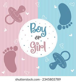 Baby shower decoration gender reveal baby shower card party art. Baby shower gender reveal invitation template. Boy or girl baby vector.