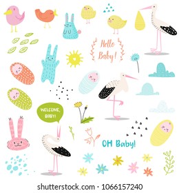 Baby Shower Decorative Elements Set with Cute Stork, Newborn Child and Bunnies. Party Decoration, Invitation, Happy Birthday. Vector illustration