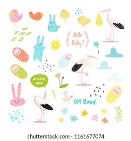 Bebé Ducha Elementos decorativos con cigüeña, recién nacido y conejitos. Decoración De Fiesta, Invitación, Feliz Cumpleaños. Ilustración del vector