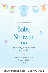 Un baby shower con una deliciosa exhibición de ropa de bebé, juguetes y osos de peluche colgados en una cuerda, creando un ambiente encantador y caprichoso lleno de alegría y anticipación.