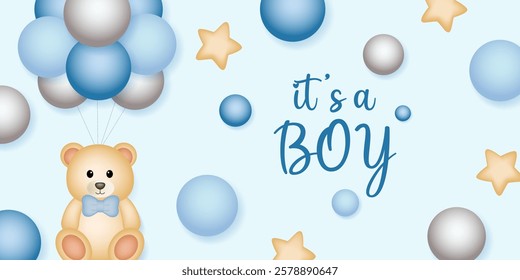 Baby shower design with balloons, star and teddy bear on blue background. It's a boy design.