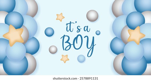 Baby shower design with balloons and star on blue background. It's a boy design.