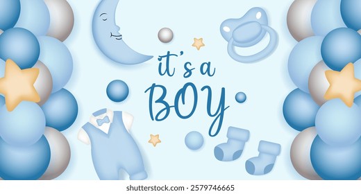 Baby shower design with balloons, star and teddy bear on blue background. It's a boy design.