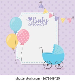 Baby shower design, blue pram balloons pennants decoration card vector illustration