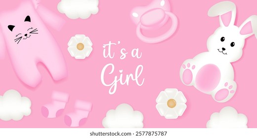 Baby shower design with bunny, sky, socks, pacifier and dress on pink background. It's a girl design.