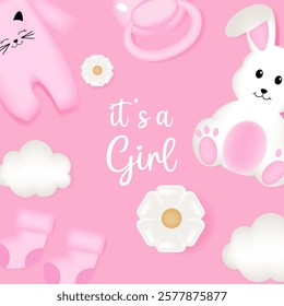 Baby shower design with bunny, sky, socks, pacifier and dress on pink background. It's a girl design.