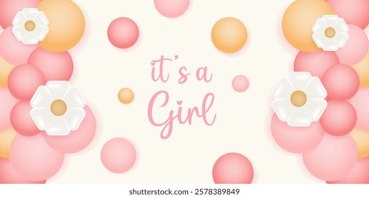 Baby shower design with bunny, sky, socks, pacifier and dress on pink background. It's a girl design.