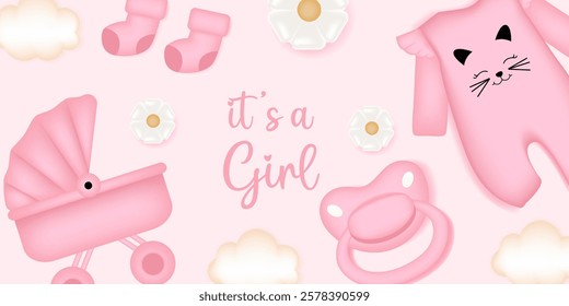 Baby shower design with bunny, sky, socks, pacifier and dress on pink background. It's a girl design.