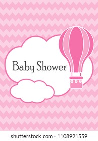 Baby shower design card, cute air balloon on pink chevron background, vector illustration