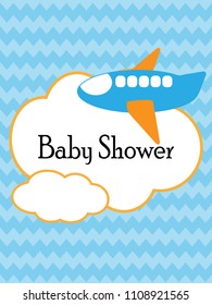Baby shower design card, cute air plane on blue chevron background, vector illustration