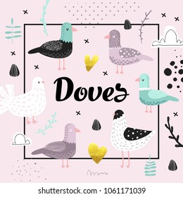 Baby Shower Design with Cute Doves. Creative Hand Drawn Childish Bird Pigeon Background for Decoration, Invitation, Cover. Vector illustration
