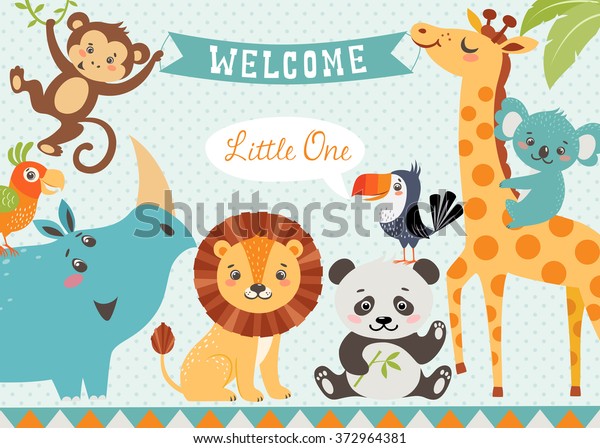 Baby shower design with cute jungle\
animals. Vector is cropped with Clipping\
Mask.