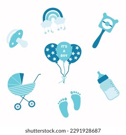 Baby shower design elements. It's a boy. Toys and newborn items.