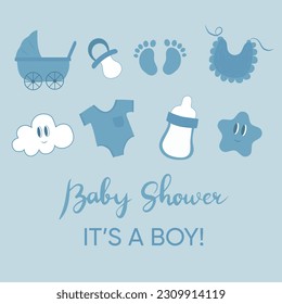 Baby shower design elements. Baby shower concept. It's a boy! 