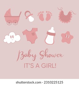 Baby shower design elements. Baby shower concept. It's a girl!